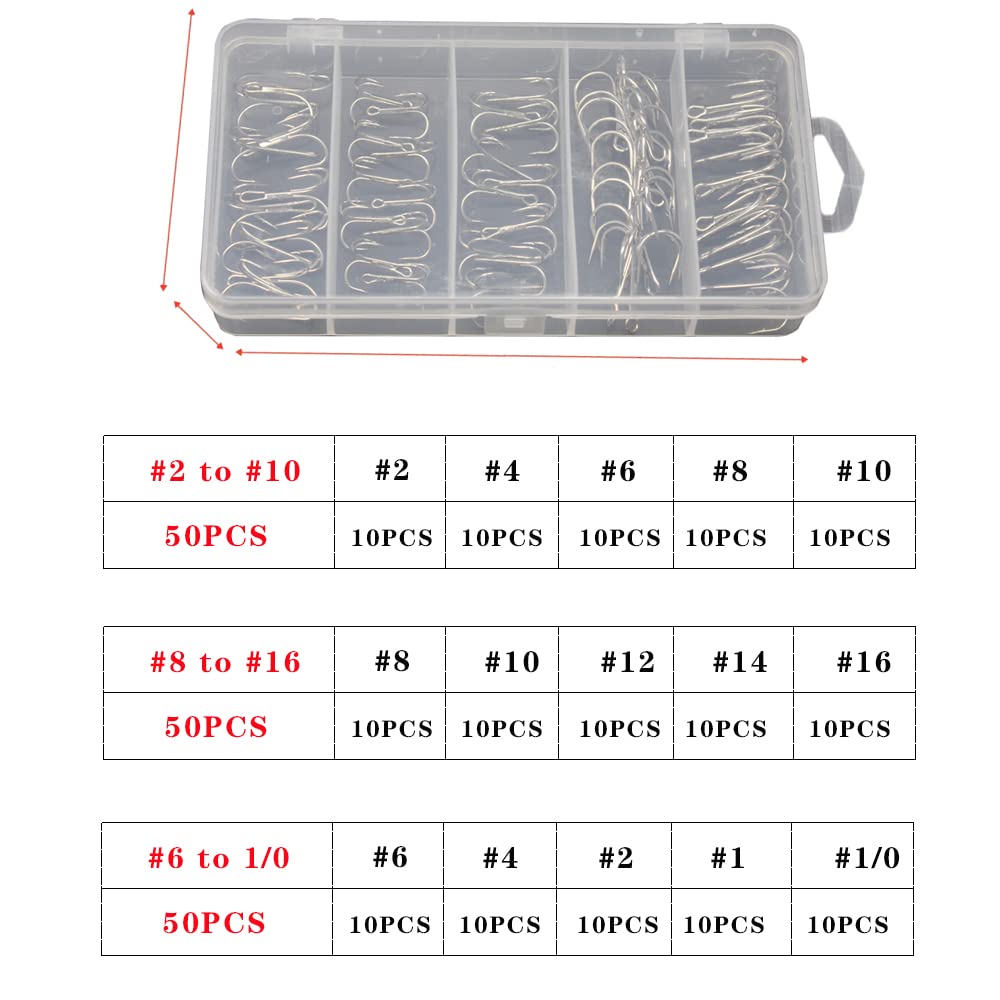 Drasry Set di ami da pesca per acqua dolce e salata, dimensioni da 1/0 a 16, in acciaio ad alto tenore di carbonio, diversi ami da pesca, 50 pezzi/scatola