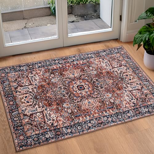 ISEAU Indoor Entryway 2x3 Vintage Rug - Small Machine Washable Area Rug with Non-Slip Backing, Low...