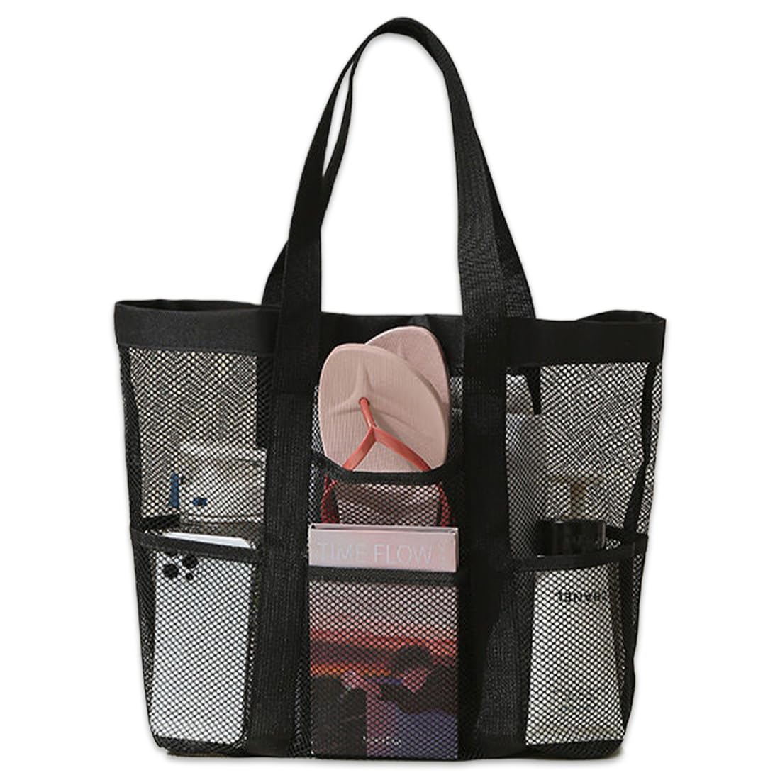 WJRQD Bolsa Playa para Mujer, Grande Bolsa de Playa, Bolsa de Compras, Bolsa de Playa de Malla con Múltiples Bolsillos, Plegable Bolsa Juguetes Playa, para Playa Viaje Compras