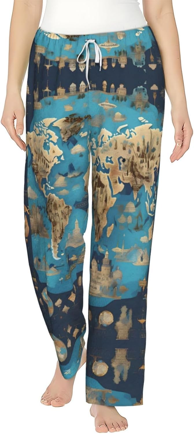 World Geography Map Print Cozy Flannel Pajama Pants For Women,Warm Christmas Pj Pants,Cute Fleece Pajamas