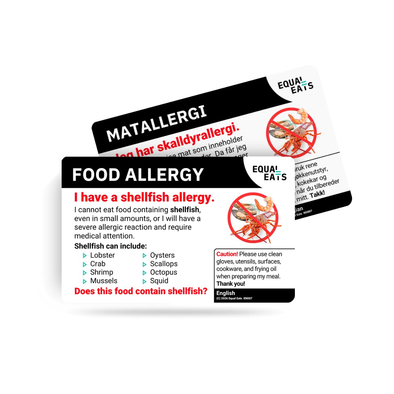 Equal Eats Shellfish Allergy Translation Card, Credit Card Size, English, Food Allergy Alert Card (Norwegian) — image 1