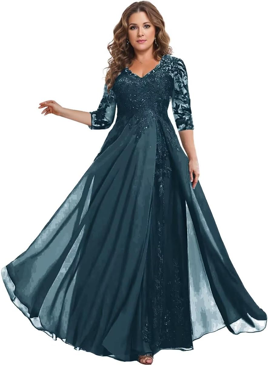 Lace Appliques Chiffon Mother of The Bride Dresses Ruffles 3/4 Sleeves Long Sequins Formal Evening Gowns ZO048