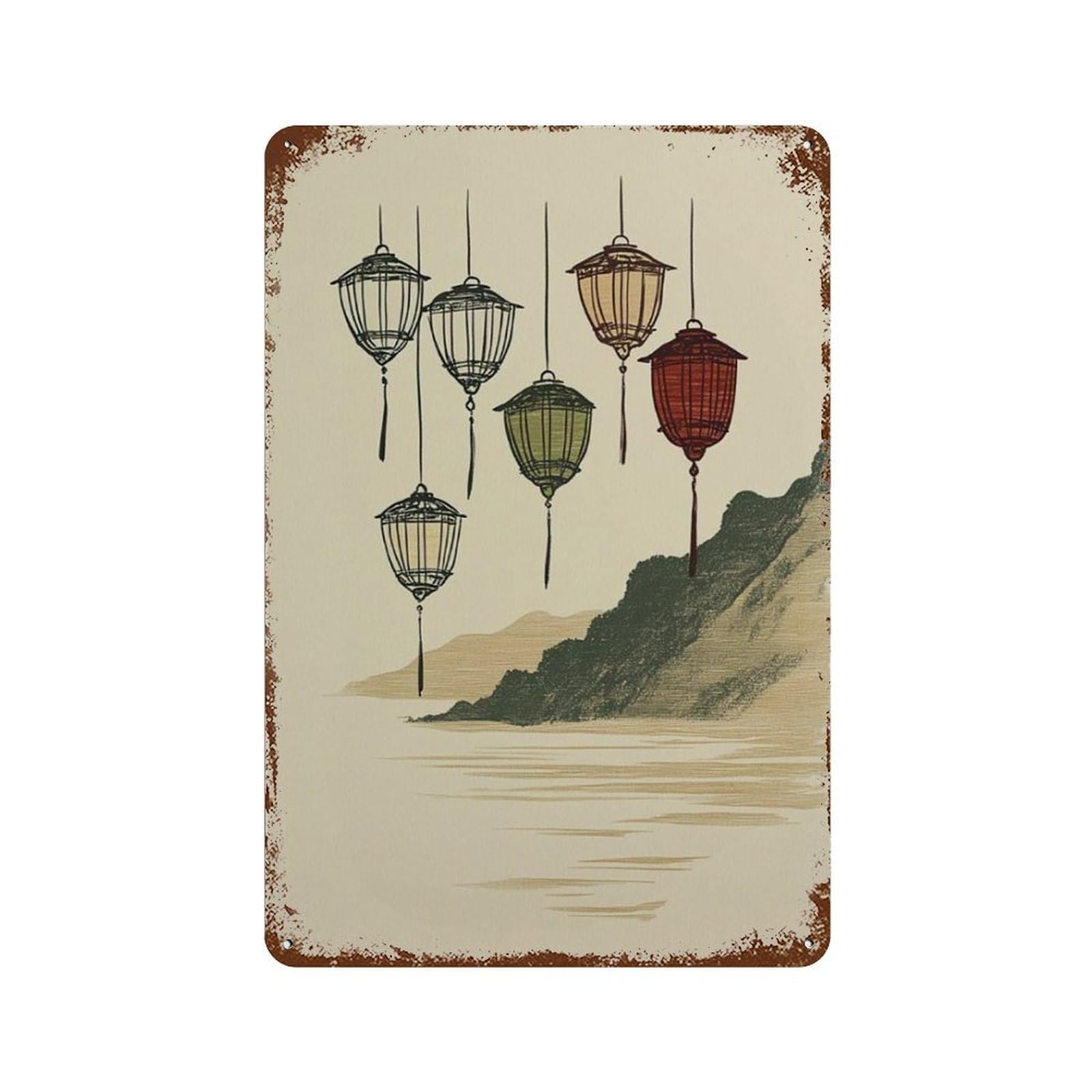 xiaoxiaoshen Japanese Lantern Minimal Oriental Zen Landscape Wall Decor Art Metal Tin Poster Modern Home Decor Art Home Bar Shop Decorations Vintage Sign 30x20cm