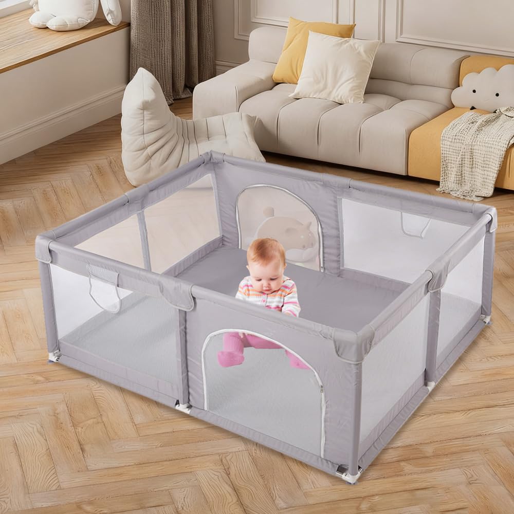 Parque infantil plegable, parque infantil, rejilla con red transpirable para interior y exterior, parque y establos con puerta con cremallera, a partir de 0 – 48 meses, 150 x 180 x 62 cm