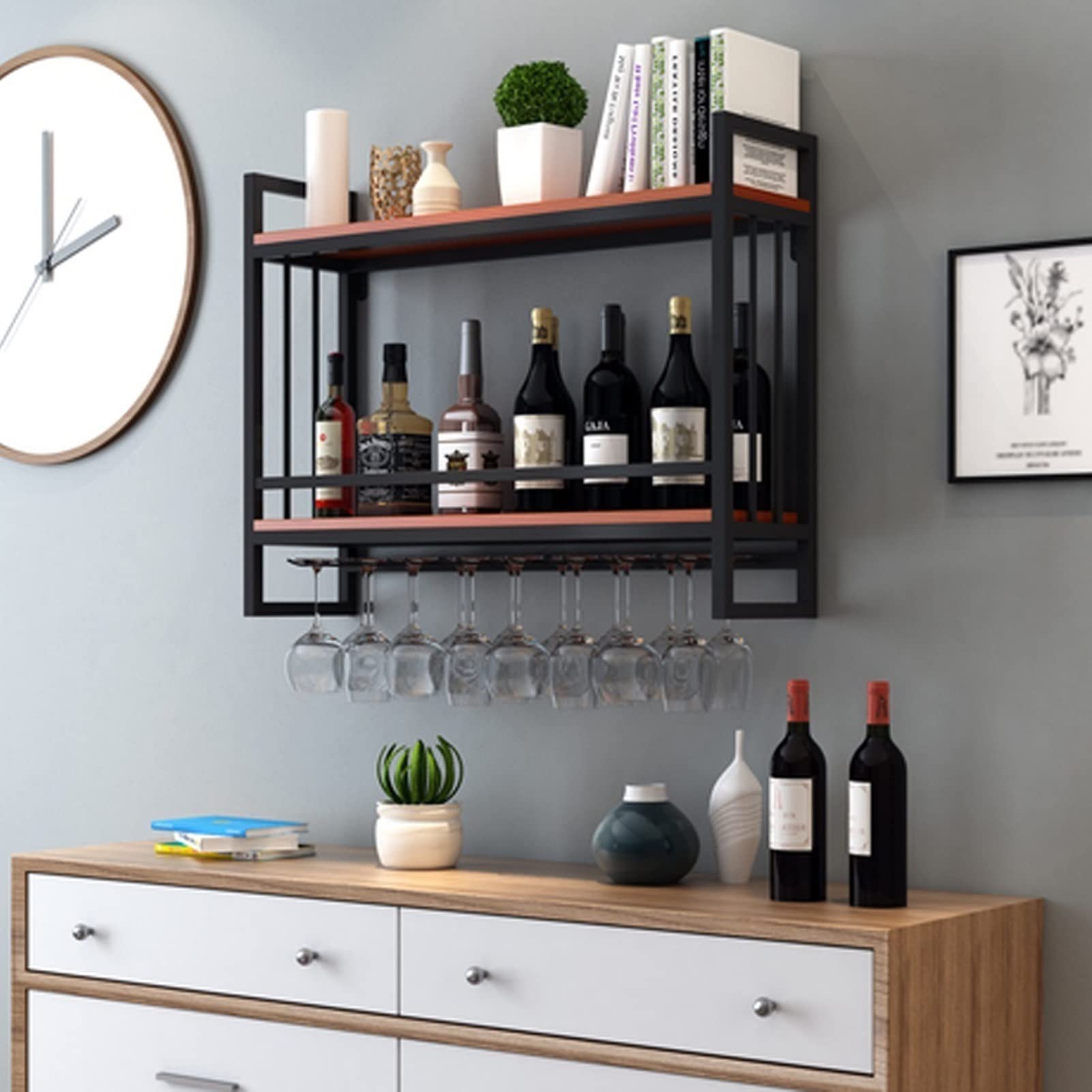Porte-bouteilles de vin mural et support verres suspendus pour cuisine