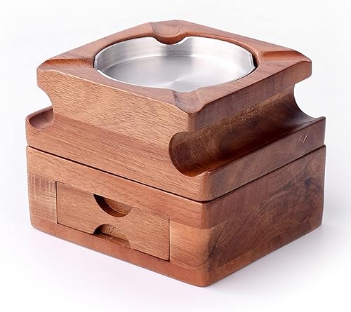 Miniatura 7 de Cenicero de cigarros de regalo Cenicero de madera con bandeja de vidrio para whisky, bandeja de ceniza de madera, forro interior de acero inoxidable