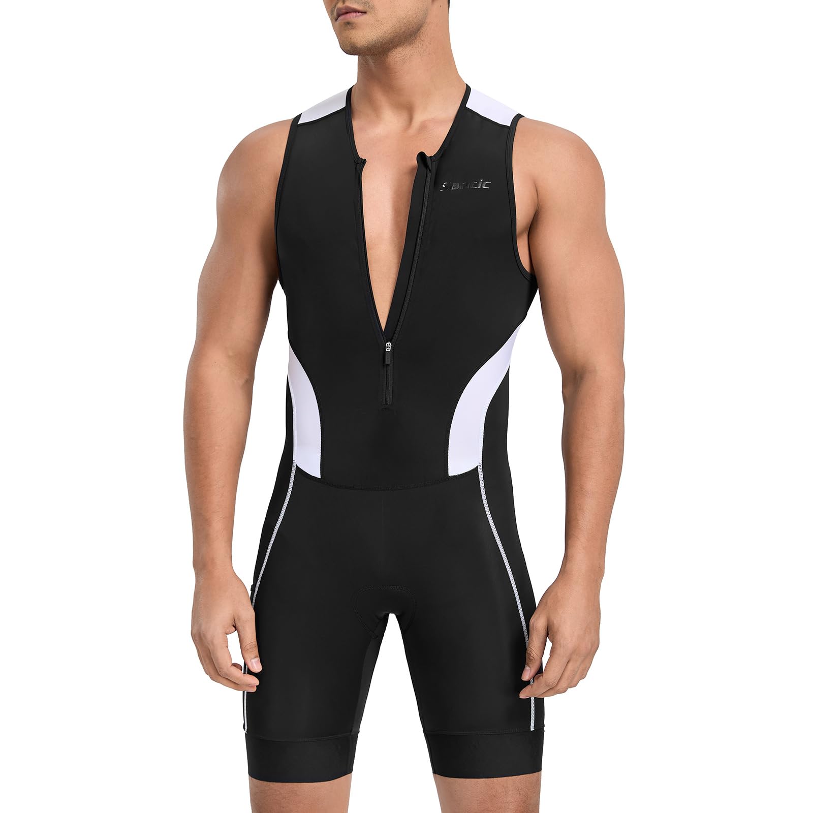 Santic Tuta da triathlon da uomo, imbottita, monopezzo, senza maniche, per corsa, ciclismo, nuoto, corsa