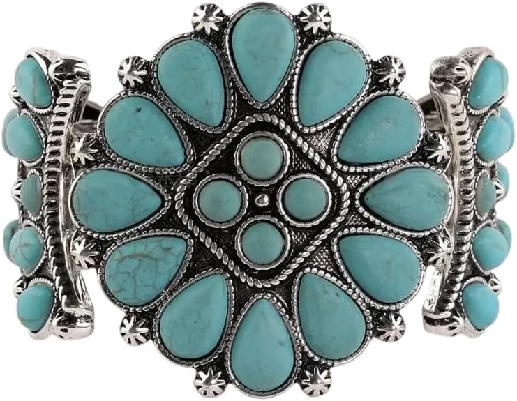 Turquoise Flower Stretch Bangle Bracelet for Women Wide Vintage Antique Silver Boho Western Natural Stone Engraved Wrap Cluster Statement Cuff Bracelets Bohemian Retro Ethnic Summer Beach Jewelry Gifts