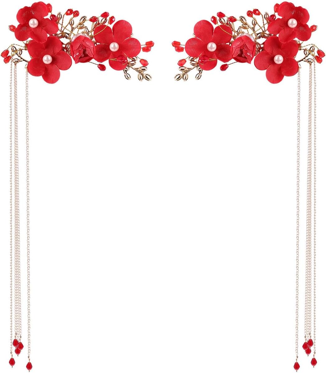 Chinese Hairpin for Wedding, Red Tassel Hair clips Pearl Hanfu Pins Flower Hair Pins, Hair Chopsticks Vintage Classical Sticks for Long Hair Jewelry Accessories