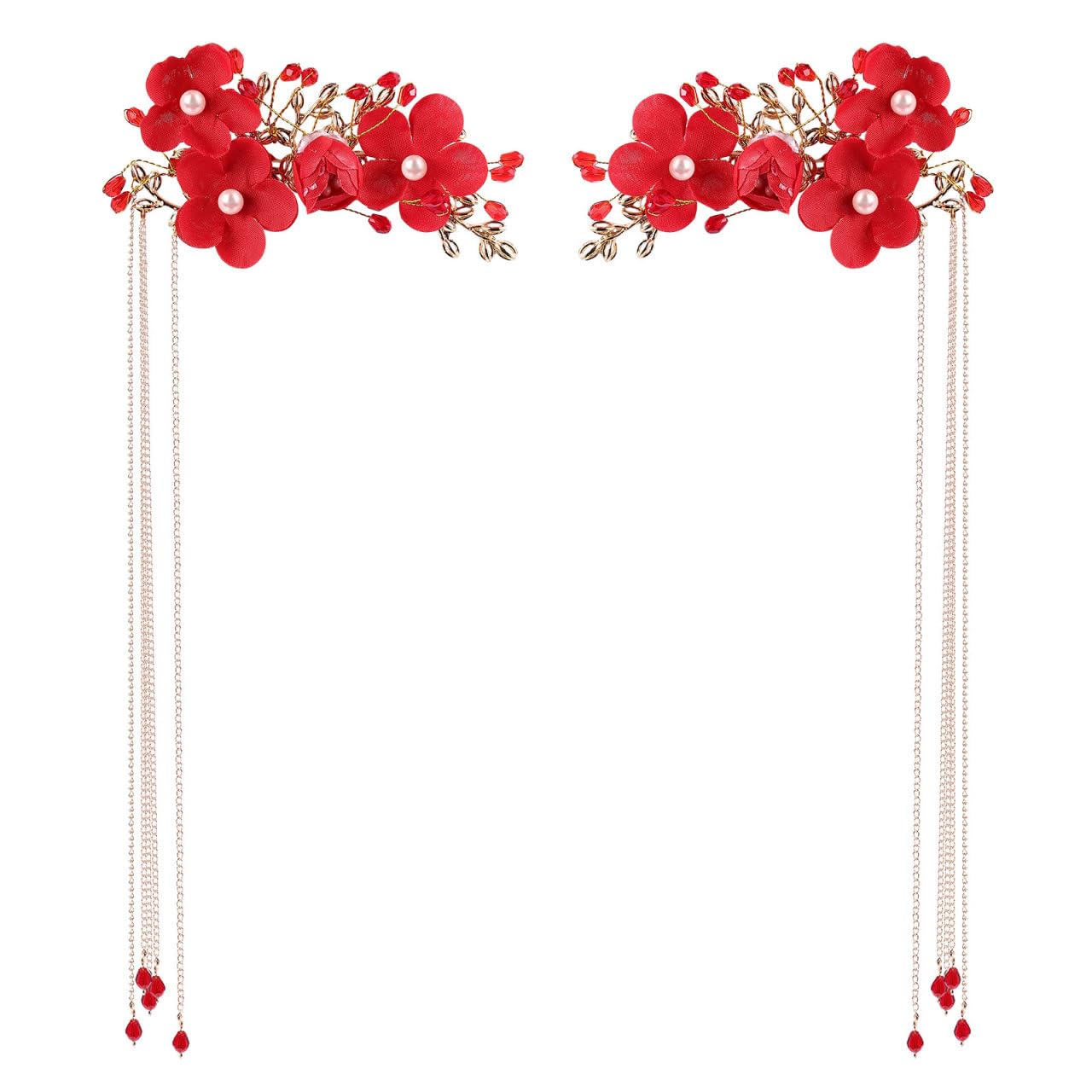 Chinese Hairpin for Wedding, Red Tassel Hair clips Pearl Hanfu Pins Flower Hair Pins, Hair Chopsticks Vintage Classical Sticks for Long Hair Jewelry Accessories