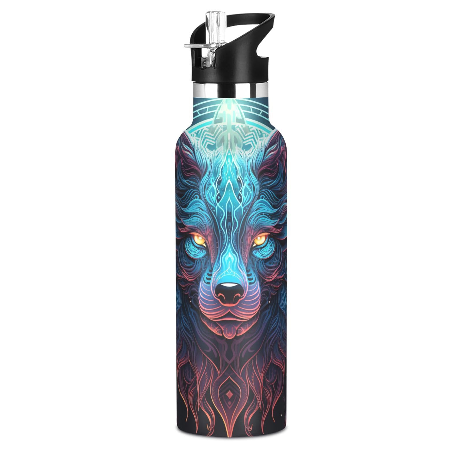 Kaaviyo Boys Pattern Blue Wolf Glowing Art Water Bottle Stainless Steel Jug Insulated Vacuum Cup For Girls(600Ml)