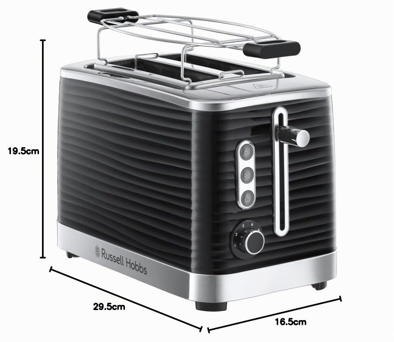 Russell Hobbs Tostadora Inspire, 2 Ranuras Cortas y Anchas, Tostador para 2 Rebanadas, Bandeja Recogemigas, Calientapanecillos, Función Cancelar y Descongelar, Plástico Texturizado, Negro, 24371-56