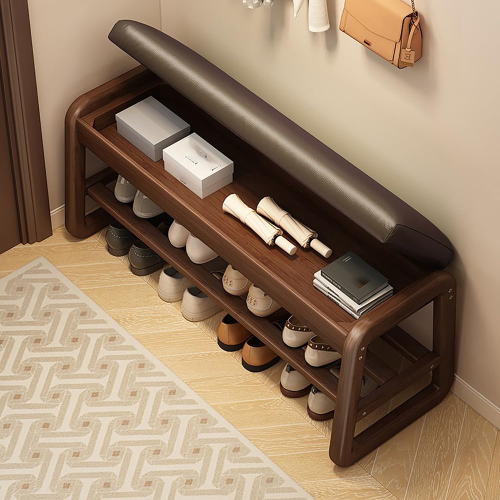 WYRNOBRX Solid Wood Shoe Bench with Leather Cushion Small Wood Shoe Rack Internal Shelving Shoe Cabinet Entryway Bench Entrance Shoe Cabinet Bench for Living Furniture,Gray,L60*H42*W34