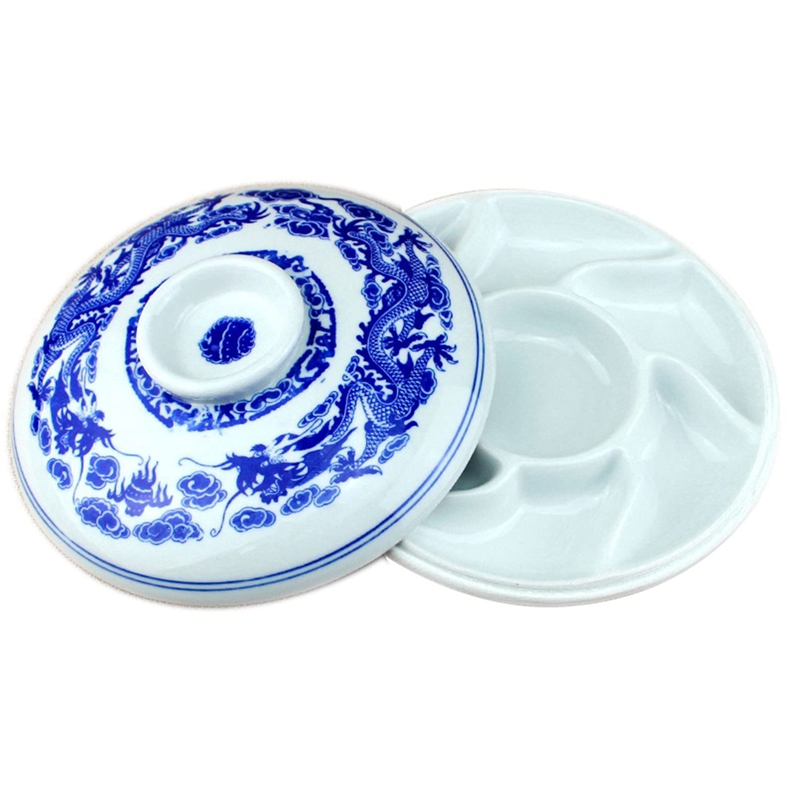 Paint Palette, Flat Ceramic Paint Mix Palette With Lid, Blue And White 7 Grid For Chinese(Bianco)