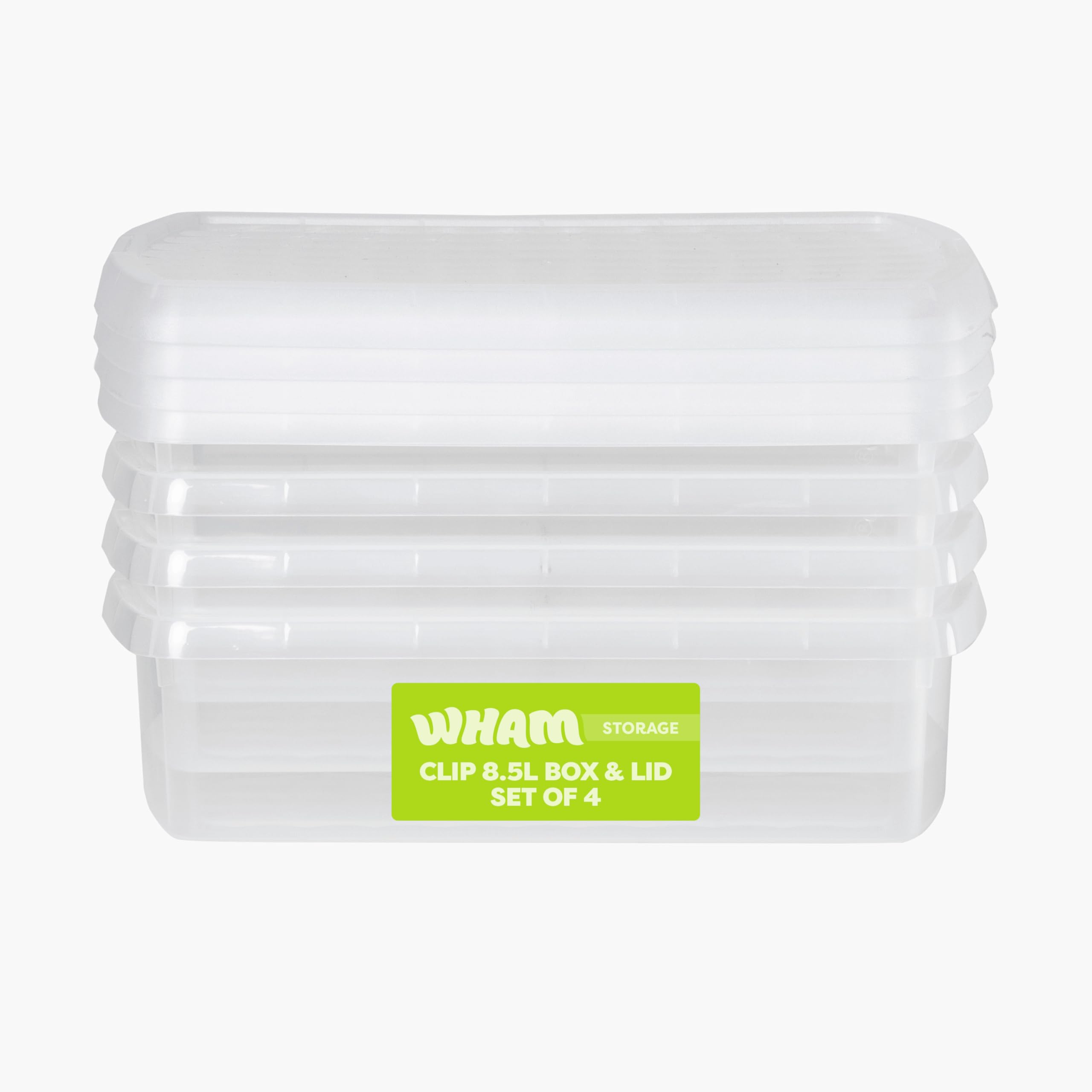 Wham Clear/Clear Clip 4 X 8.5L Rectangular Stackable Plastic Storage Boxes With Lids | Ideal For Home, Office, Toys & More | Storage Containers With Clip Locks | Made In Uk
