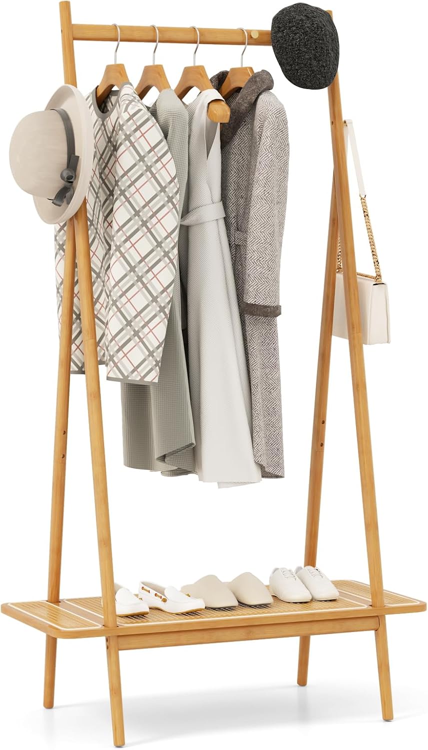 Tangkula Bamboo Clothing Rack, 65.5” Clothes Rack with Top Hanging Rod, Rattan Shelf & 5 Copper Hooks, Large Garment Rack, Cloth Hanger Standing Organizer for Coats, Bags & Shoes (Natural)