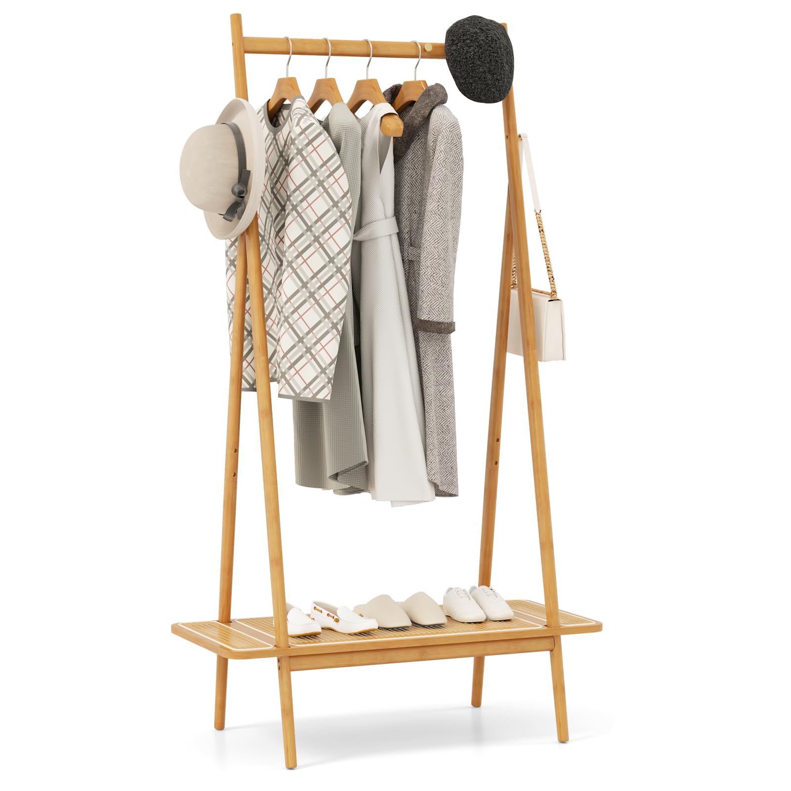 Tangkula Bamboo Clothing Rack, 65.5” Clothes Rack with Top Hanging Rod, Rattan Shelf & 5 Copper Hooks, Large Garment Rack, Cloth Hanger Standing