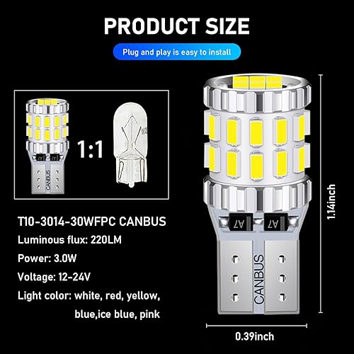 Miniatura 2 de Paquete de 2 luces anchas para automóvil, bombillas LED de 3 W, luces de lectura de aluminio, luces de matrícula, luces de instrumento, reemplazo de