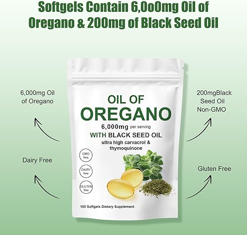 Miniatura 2 de Aceite de orégano con aceite de semilla negra, cápsulas de aceite de orégano orgánico de 6000 mg 2 en 1, sin OMG, sin gluten (180 unidades)
