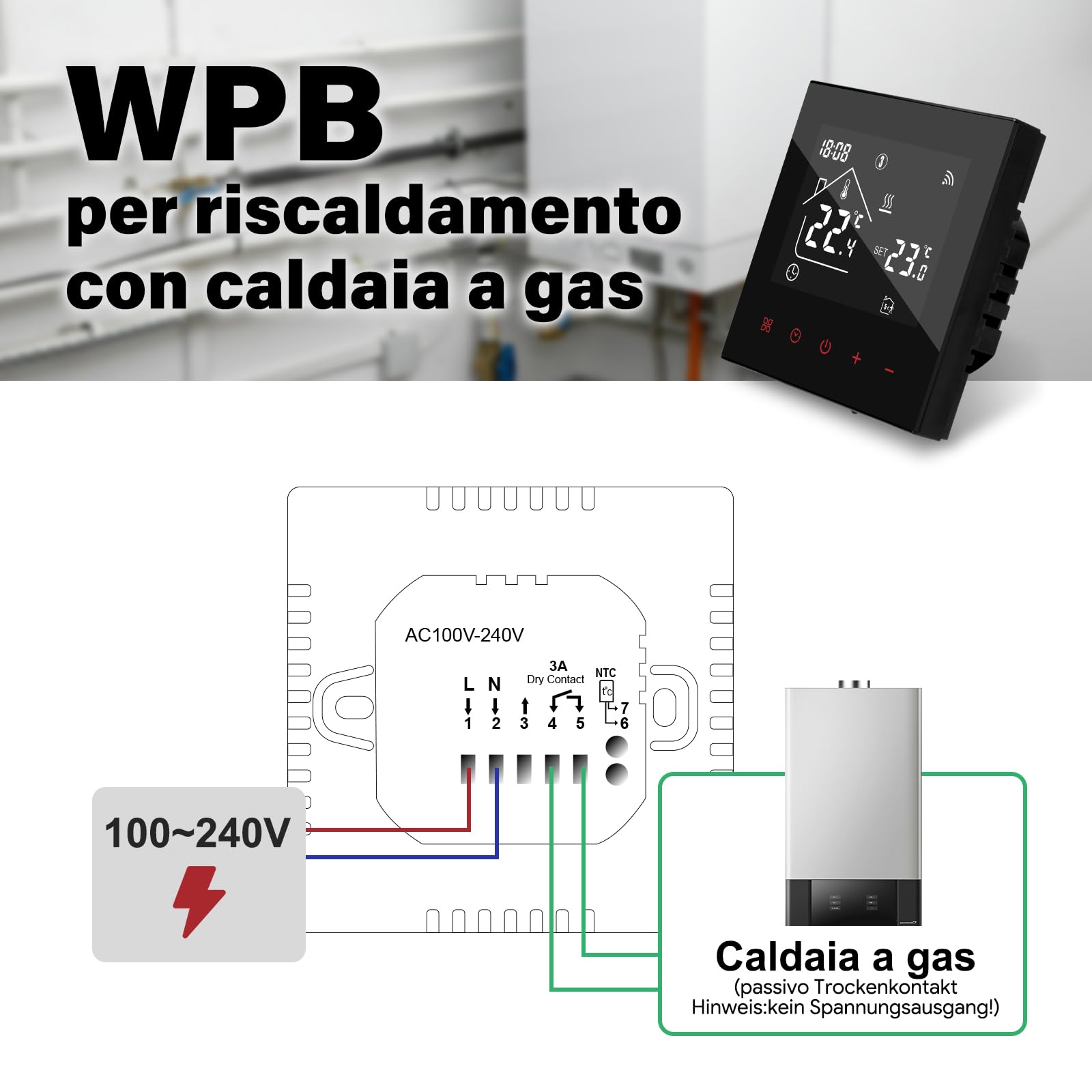 Termostato Wifi Caldaia,Termostato tuya compatibile con alexa e google Assistente,Controllo Vocale, Cronotermostato domestica Wifi Programmabile con Schermo LCD,3A TDR89B-WIFI-WPB Nero