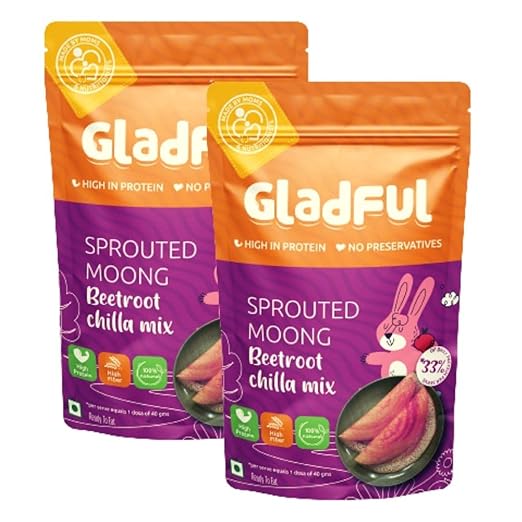 Gladful Protein Sprouted lentils & millets Instant Chilla - Dosa Mix, Natural healthy protein & fiber-rich food for kids and families, 200 g (Pack of 2, Beetroot)