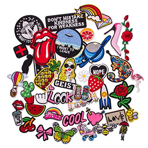 U-SkyMix Pack Assorted 42pcs Iron on Patches for Clothes Embroidery Sew on Appliques Patches for Jeans Jackets Vest Backpacks Shirt to Cover Logo Dirt Rip