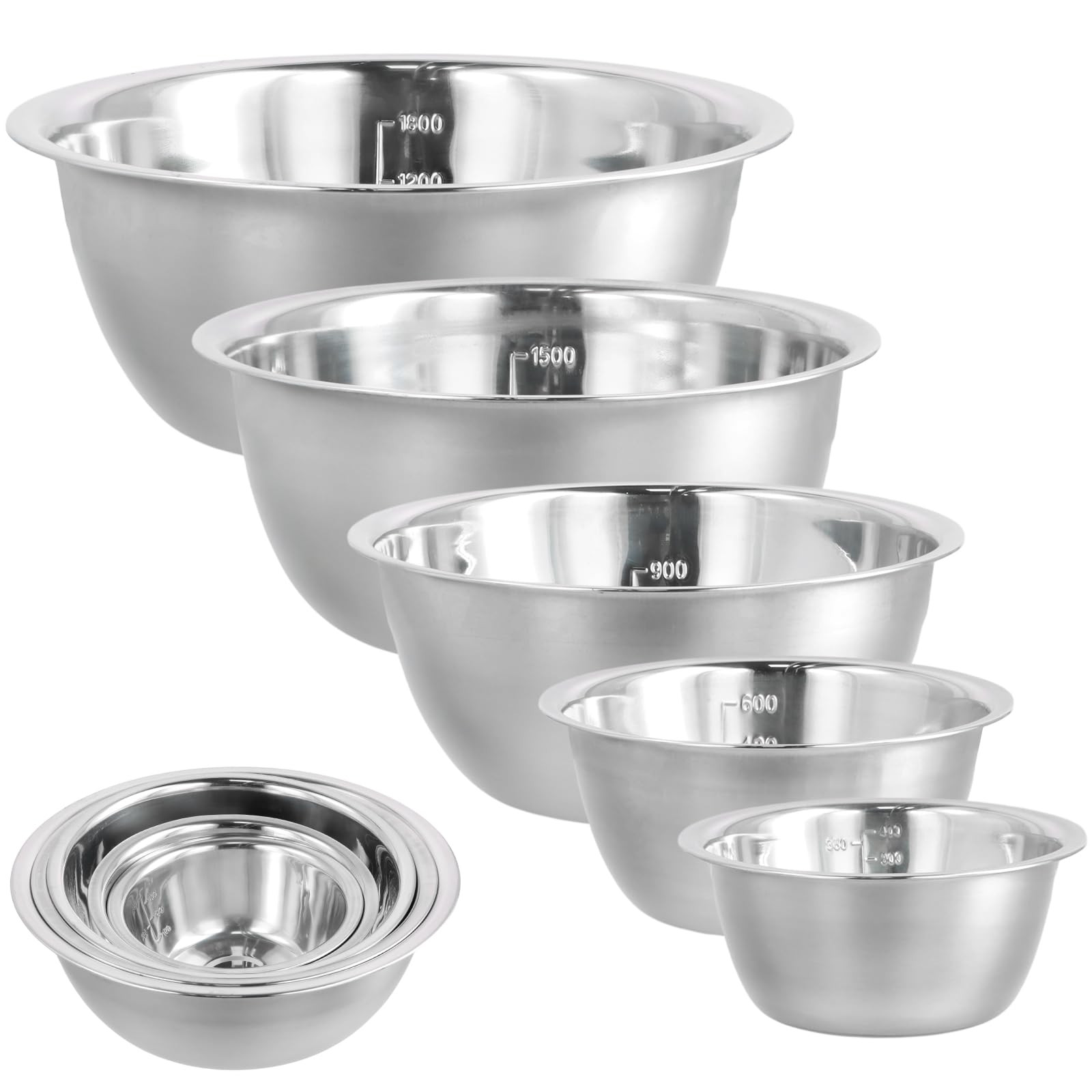 Set di 5 ciotole in acciaio inox con pennarelli di misurazione, bacino multiuso per zuppa, 5 misure, salvaspazio, ciotole per mescolare e cuocere gli alimenti (0,5 l, 0,8 l, 1,55 l, 2,1