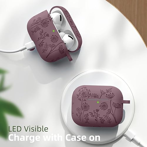 Miniatura 8 de Lerobo - Funda protectora para estuche de AirPods Pro 1 y 2 generación USB C, bonita funda de silicona suave grabada con diseño floral y LED frontal