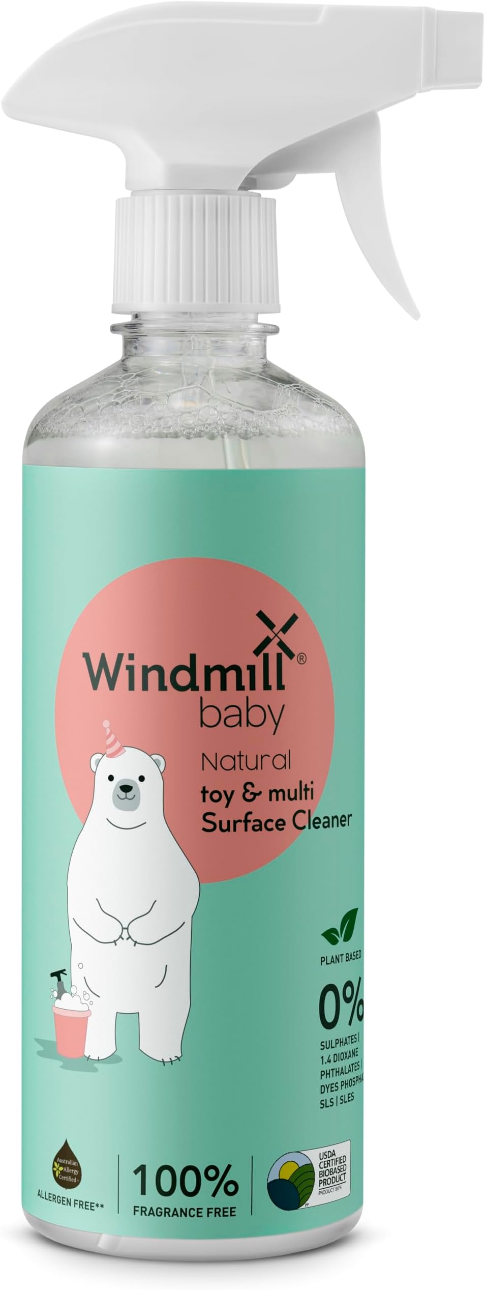 Natural Multi Surface Cleaner Spray, USDA Certified, Fragrance Free, Fumes Free, for toys, feeding chairs, mats, cribs, windows & more - 450ml