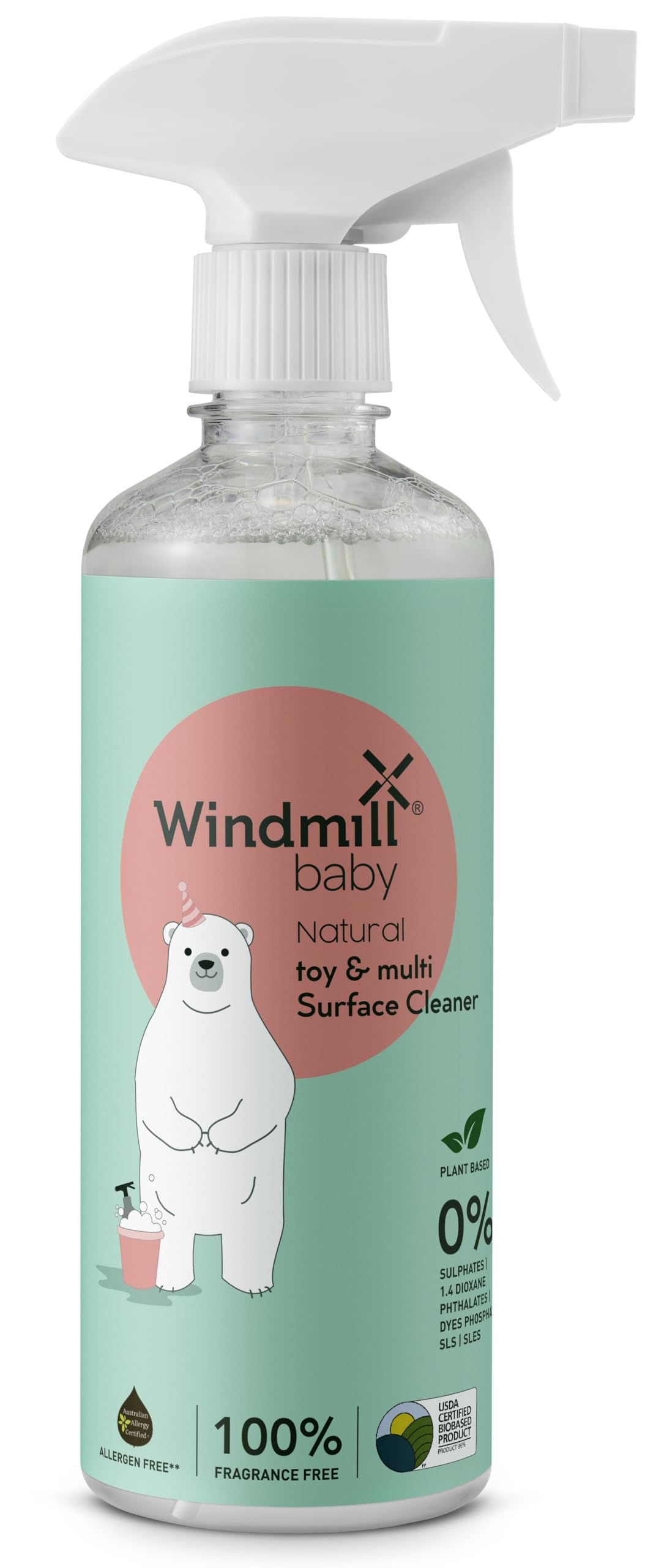 Windmill baby Natural Multi Surface Cleaner Spray, USDA Certified, Fragrance Free, Fumes Free, for toys, feeding chairs, mats, cribs, windows & more - 450ml