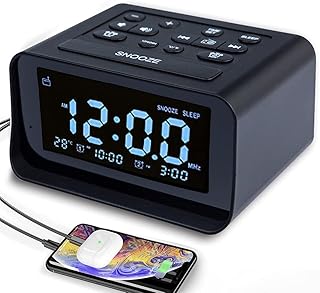 Alarm clock radio, with USB charging port, electric clock with brightness dimmer, adjustable alarm volume, FM sleep timer, bedroom/child, 12/24H, snooze, temperature, battery backup, black Black UK
