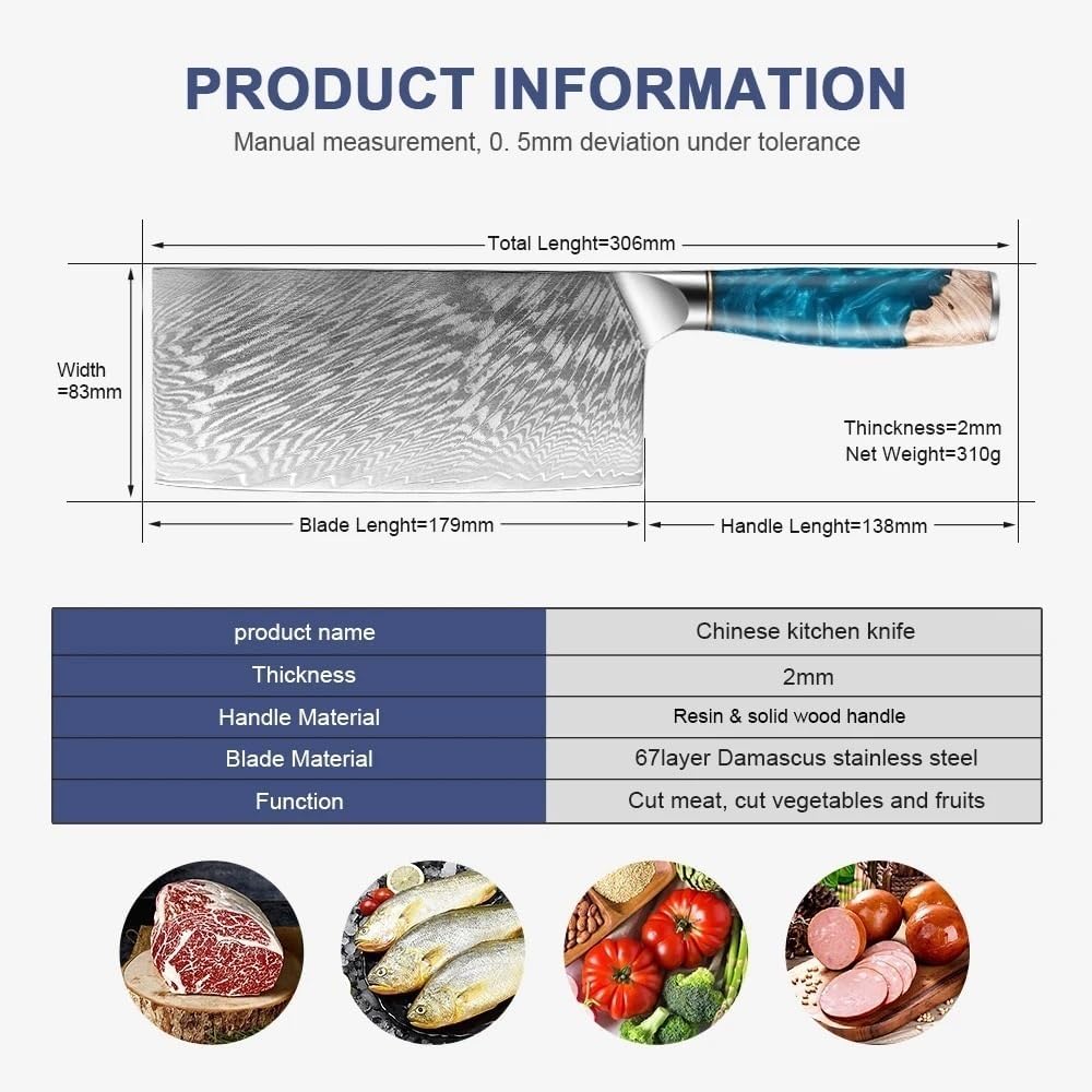 Meat Cleaver, 7.5 Inch Damascus Kitchen Chinese Cleaver Professional Chopping Chopper Knives Solid Wood & Resin Handle For Meat And Vegetable