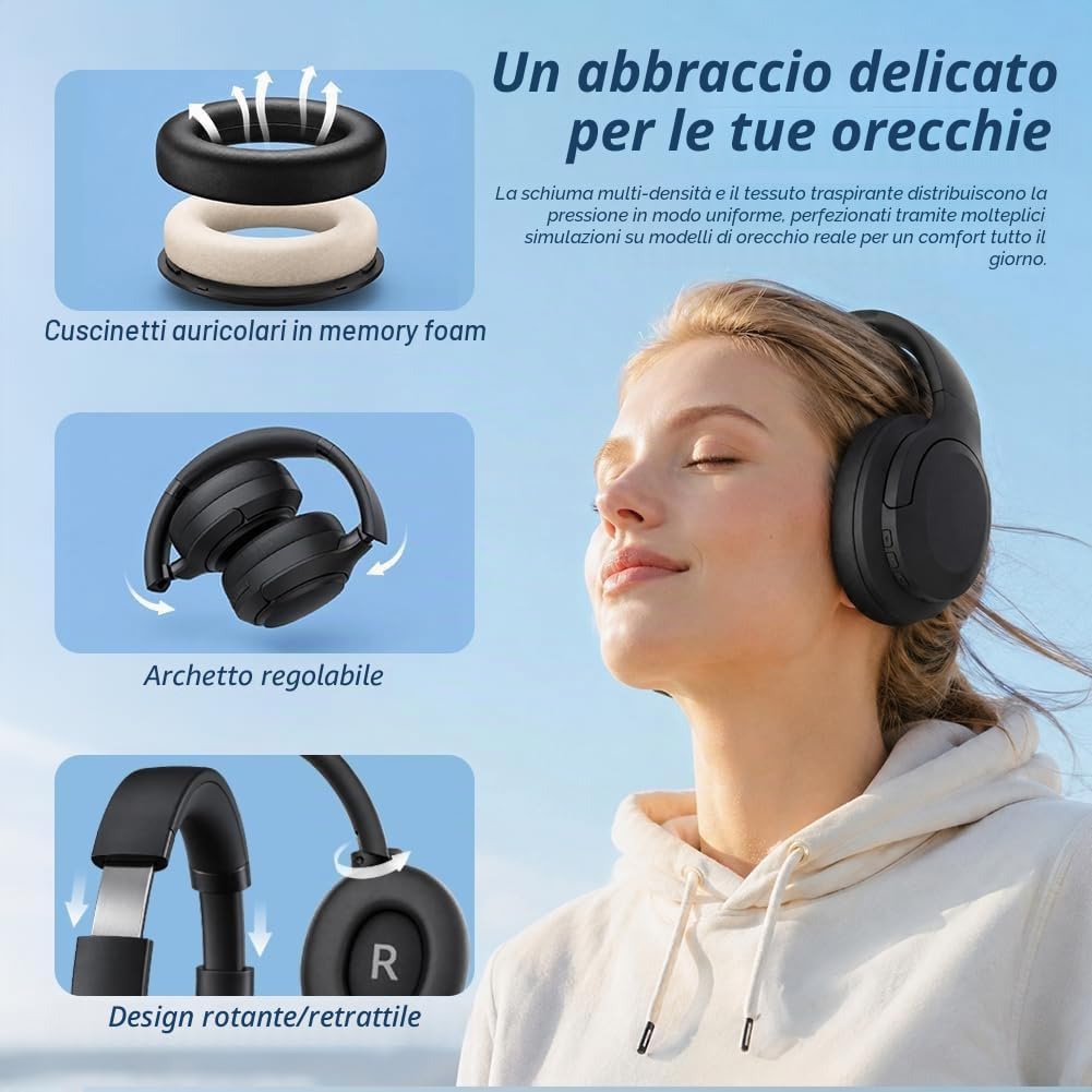 Cuffie wireless Bluetooth over-ear con cancellazione del rumore, autonomia ultra-lunga di 100 ore, cancellazione attiva del rumore, driver da 40 mm e design pieghevole