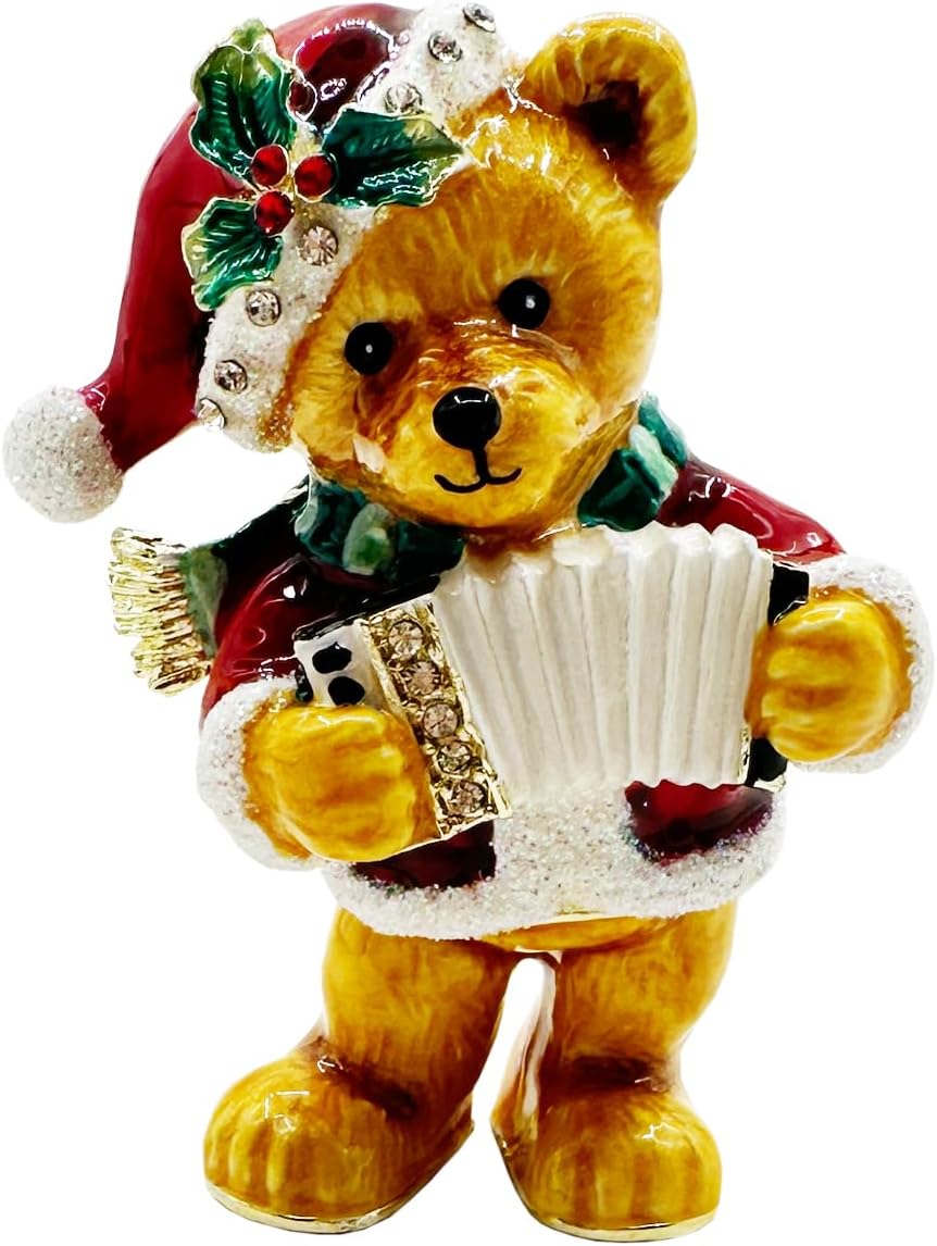 Christmas Teddy Bear Trinket Box Enameled Accordion Playing Figurine, Hinged Jewelry Storage, Festive Home Decor Gift