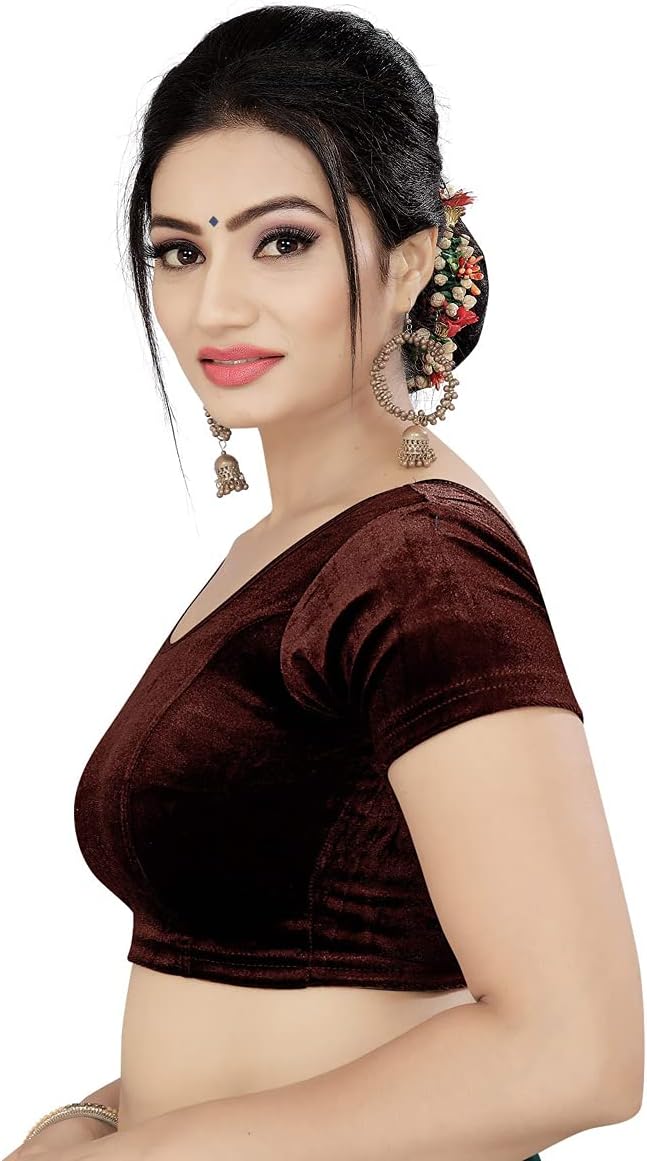 themilestocks Women's Velvet Blouses Readymade Gold Stretchable Saree Crop Top Choli Free Size Sparkling - Image 3