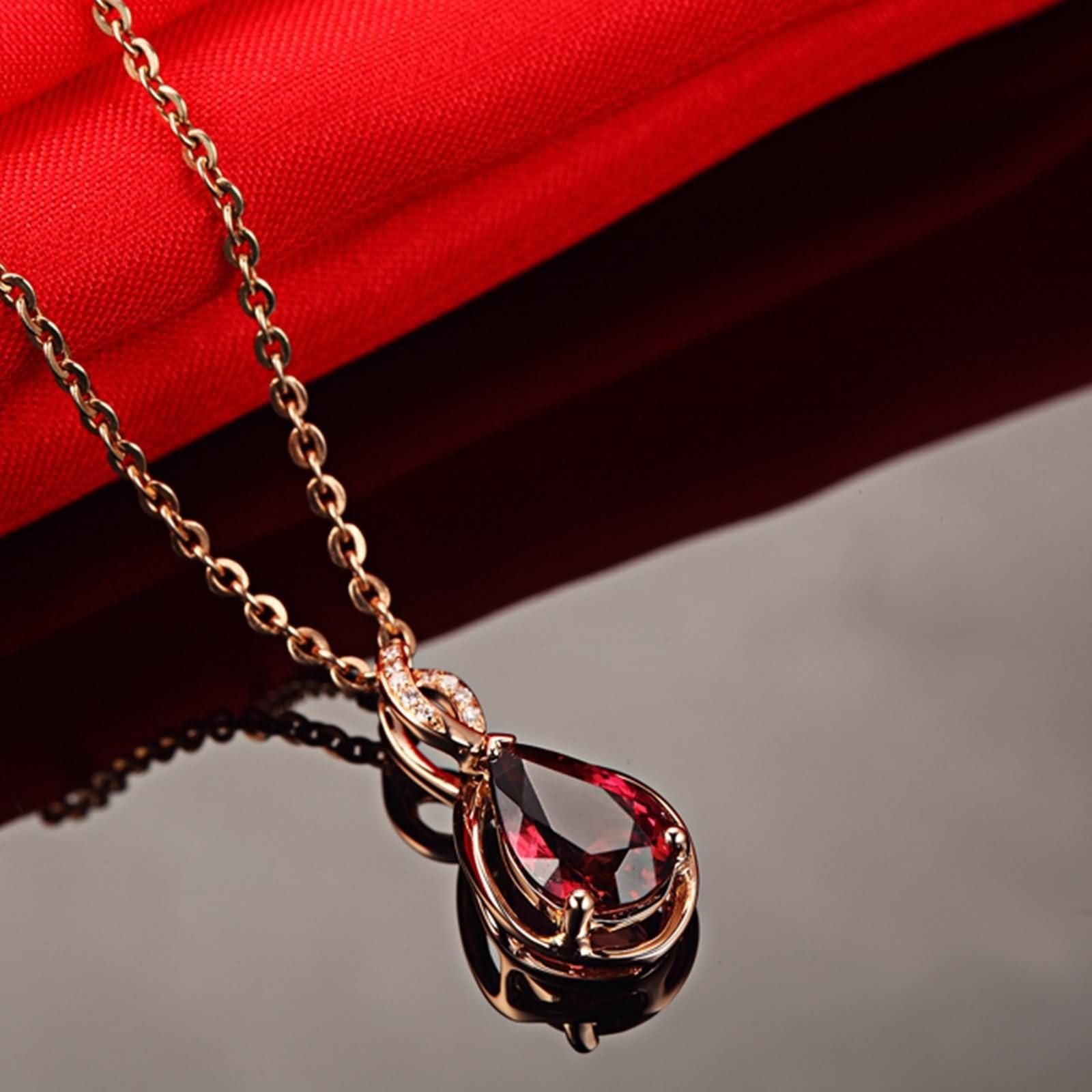 Donna Catenella per Collana Oro Rosa 9K / 14K / 18K, Goccia d'acqua con Tormalina Rossa da 1,44ct e Diamante, Collane Oro Rosa Donna