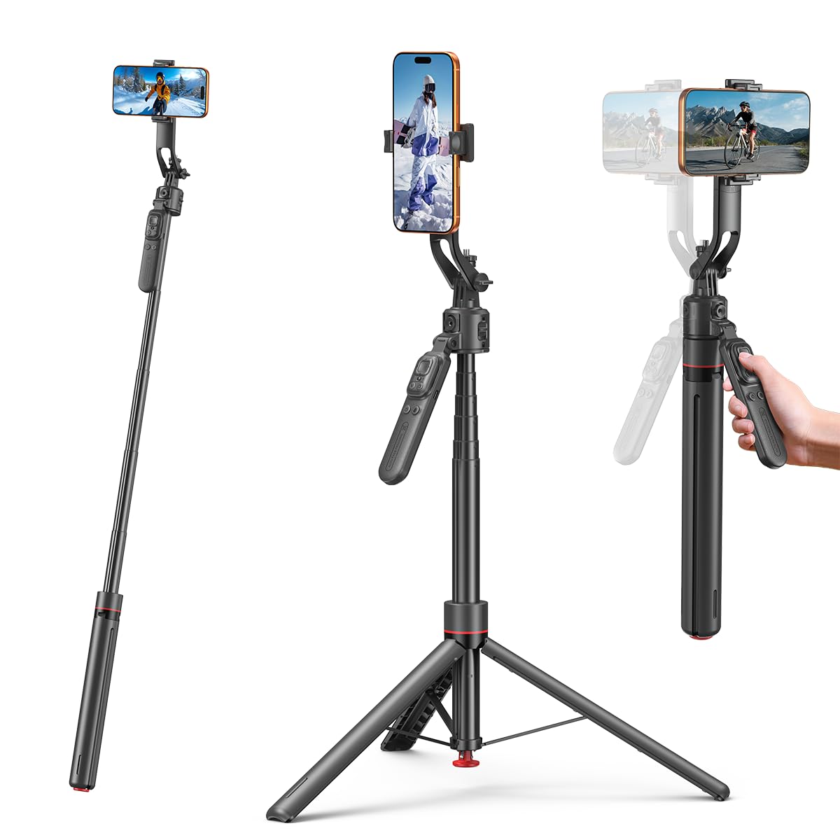 Treppiede per selfie da 176 cm, rotazione a 360°, apertura automatica, con telecomando ricaricabile, per TikTok/Vlog/Live Stream, compatibile con iPhone/Android/fotocamera/GoPro