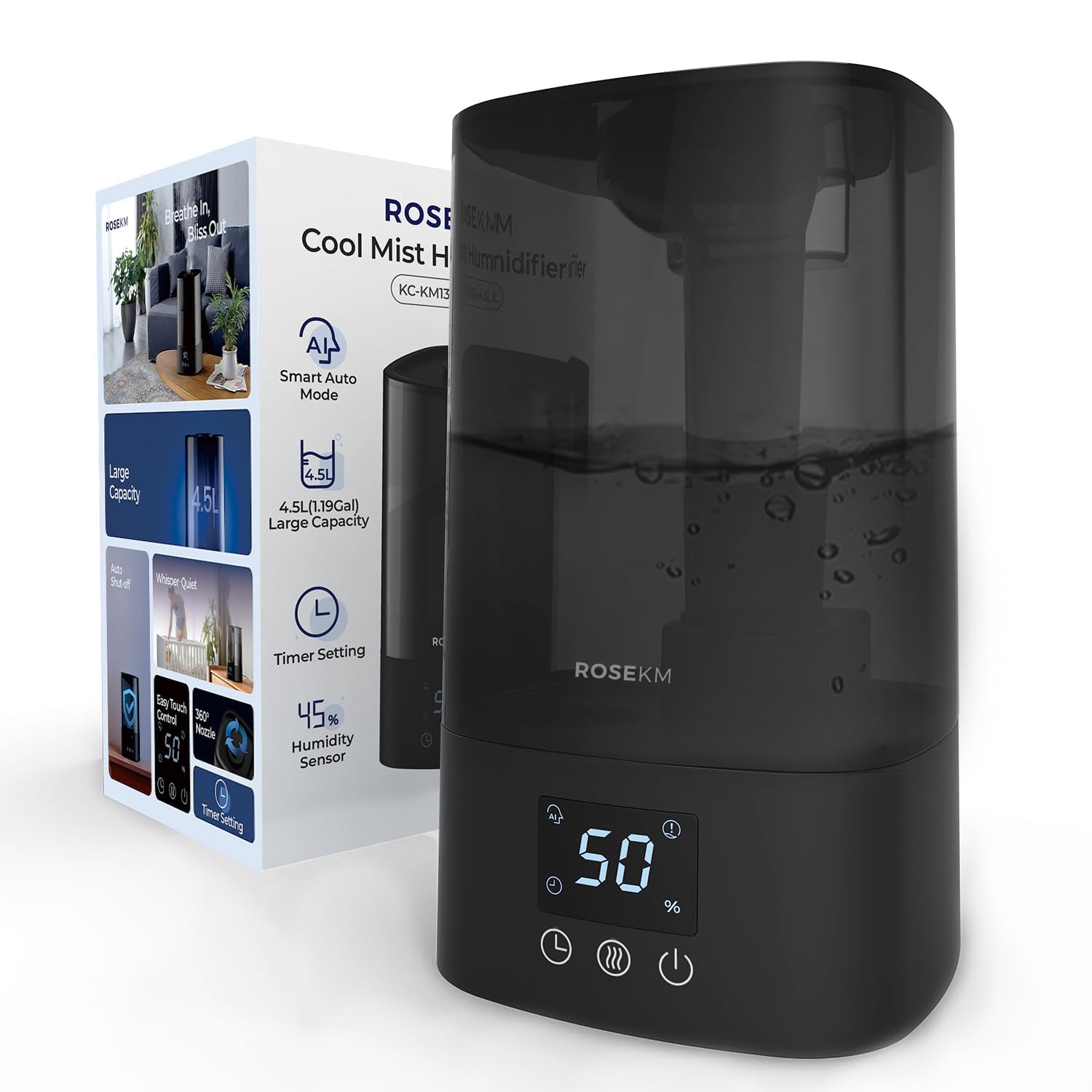 Rosekm Humidifiers for Bedroom Large Room, 4.5L Cool Mist Air Humidifier for Home & Plant with Timer & Sensor, Automatic Humidity Control, Up to 18H, Auto Shut-Off, 360Β° Roataion Nozzle