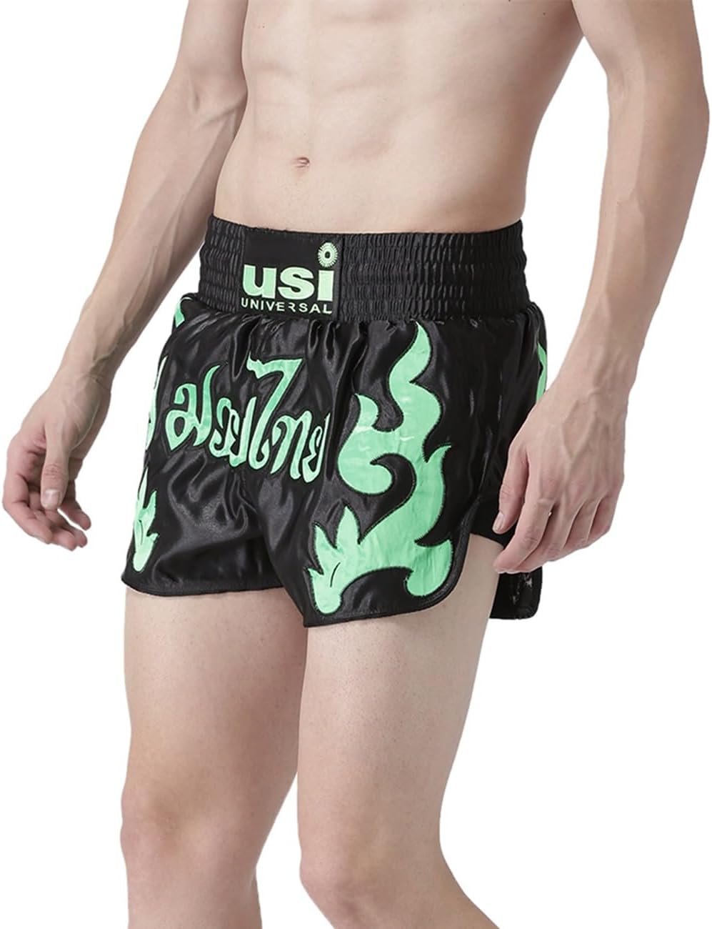 USI UNIVERSAL THE UNBEATABLEUsi Universal Men's Polyester Muay Thai Shorts (Black and Green, Large)