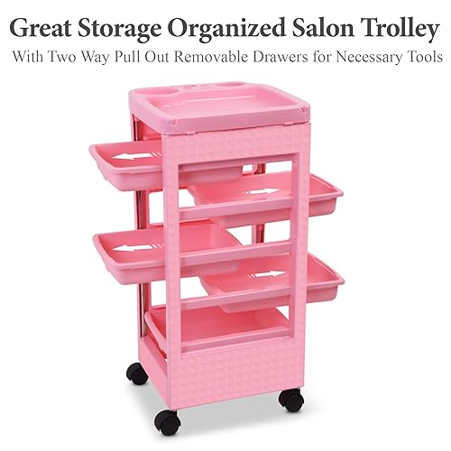Miniatura 6 de Paddie Carrito de salón rosa con ruedas, 5 cajones, soporte para secador de pelo, ranura para estilista de cabello, equipo de salón de belleza