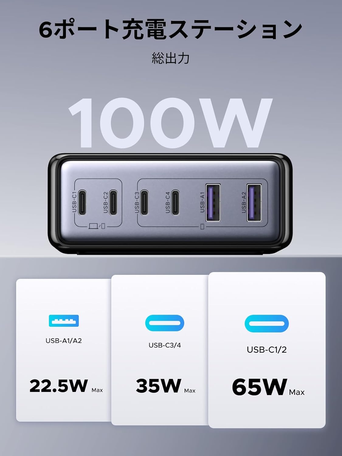 Diagram showing 6-port charging station with 100W total output and individual port power capabilities