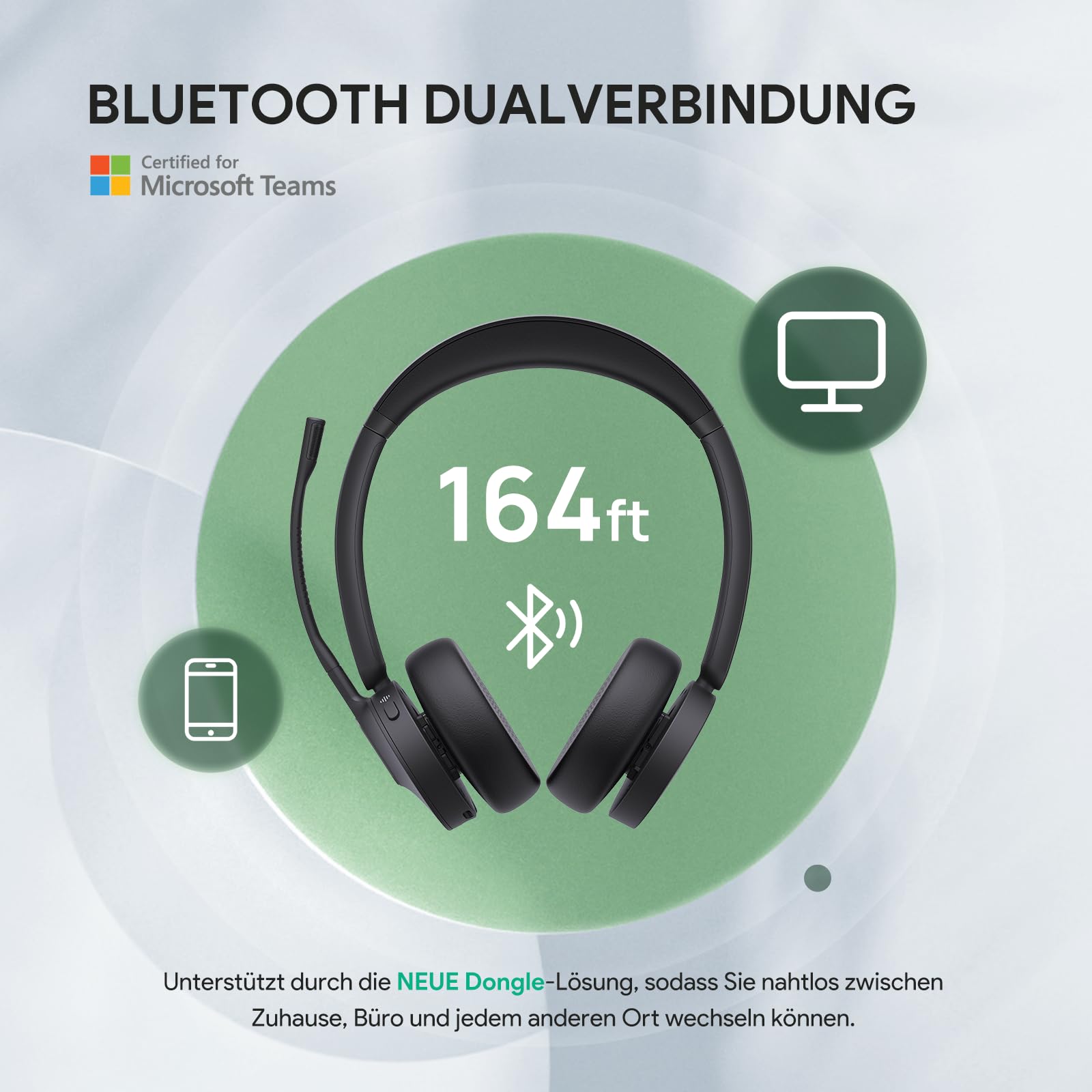 Yealink BH70 Bluetooth Headset mit Mikrofon für Homeoffice, Microsoft Teams Zertifiziertes Bluetooth Kopfhörer Kabellos bis zu 35h Sprechzeit, 3 KI Mikrofon Geräuschunterdrückung, 50m Funkreichweite
