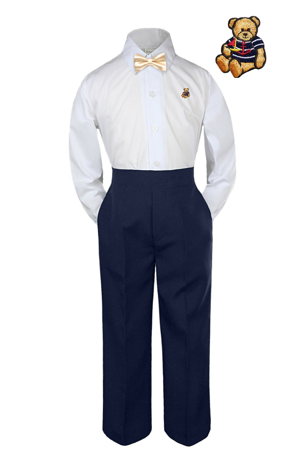Unotux 3pc Formal Baby Toddler Boys Champagne Bow Tie Navy Pants Bear Suit S-7 (6)