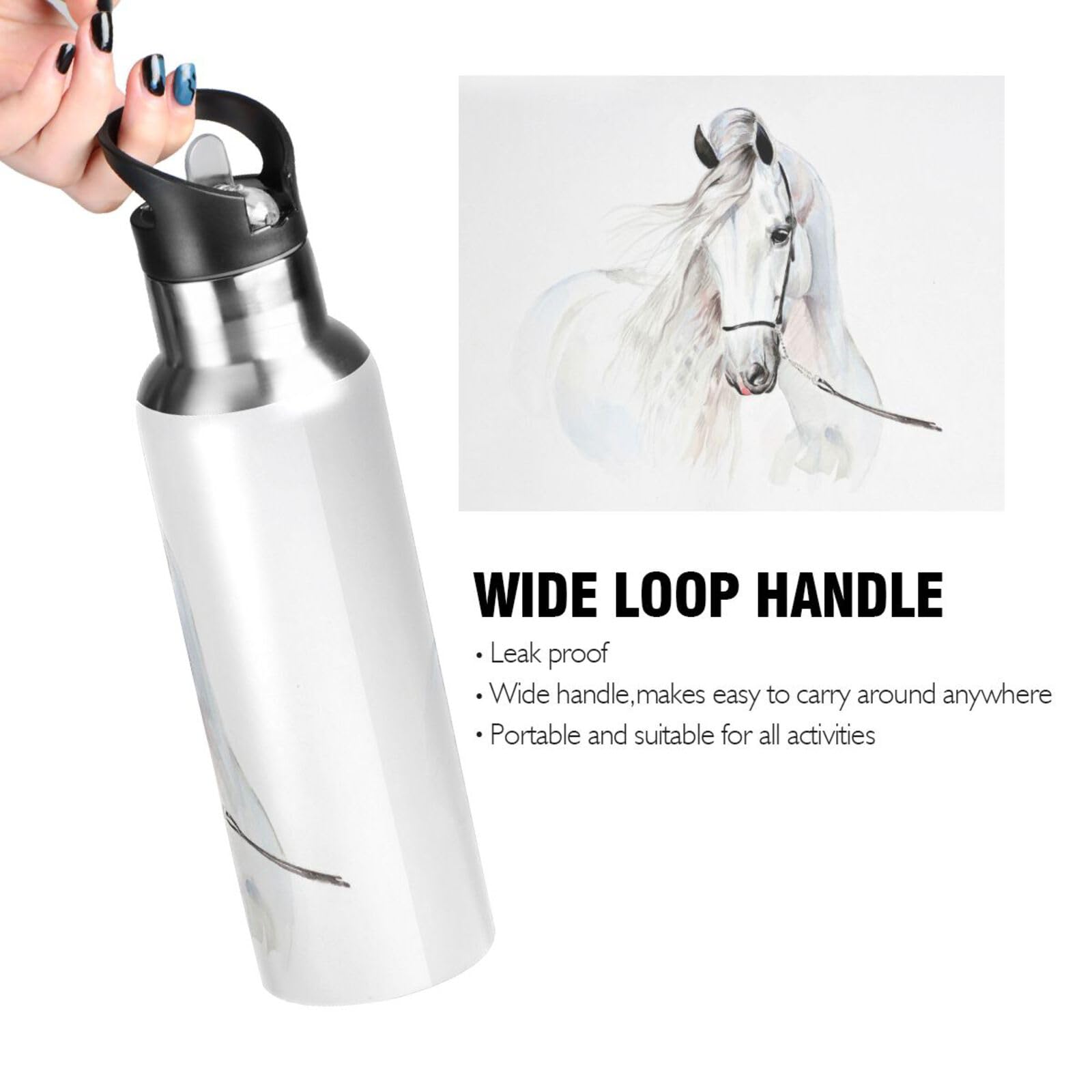 Mnsruu 20 Oz Water Bottle with Straw White Horse Stainless Steel Water Bottle for Traveling Sports Leakproof Insulated Water Bottle - Image 4