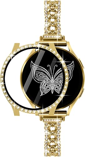 20MM Bling Bracelet Watch Band with Case Compatible For Samsung Galaxy Watch 4&5 40mm 44mm, Metal Band with Glitter Screen Protector Case, Diamond