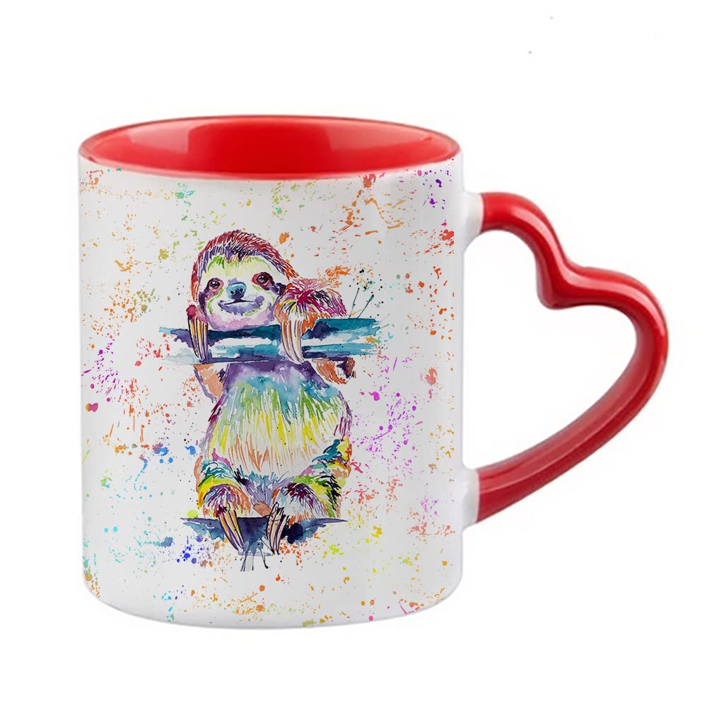 Sloth Beautiful Water Colour Painting Rainbow Art Birthday, Christmas, Secret Santa Coffee Tea Cocoa Soup Daily use Mug Ceramic Heart Handle Coffee Mug. (Red)