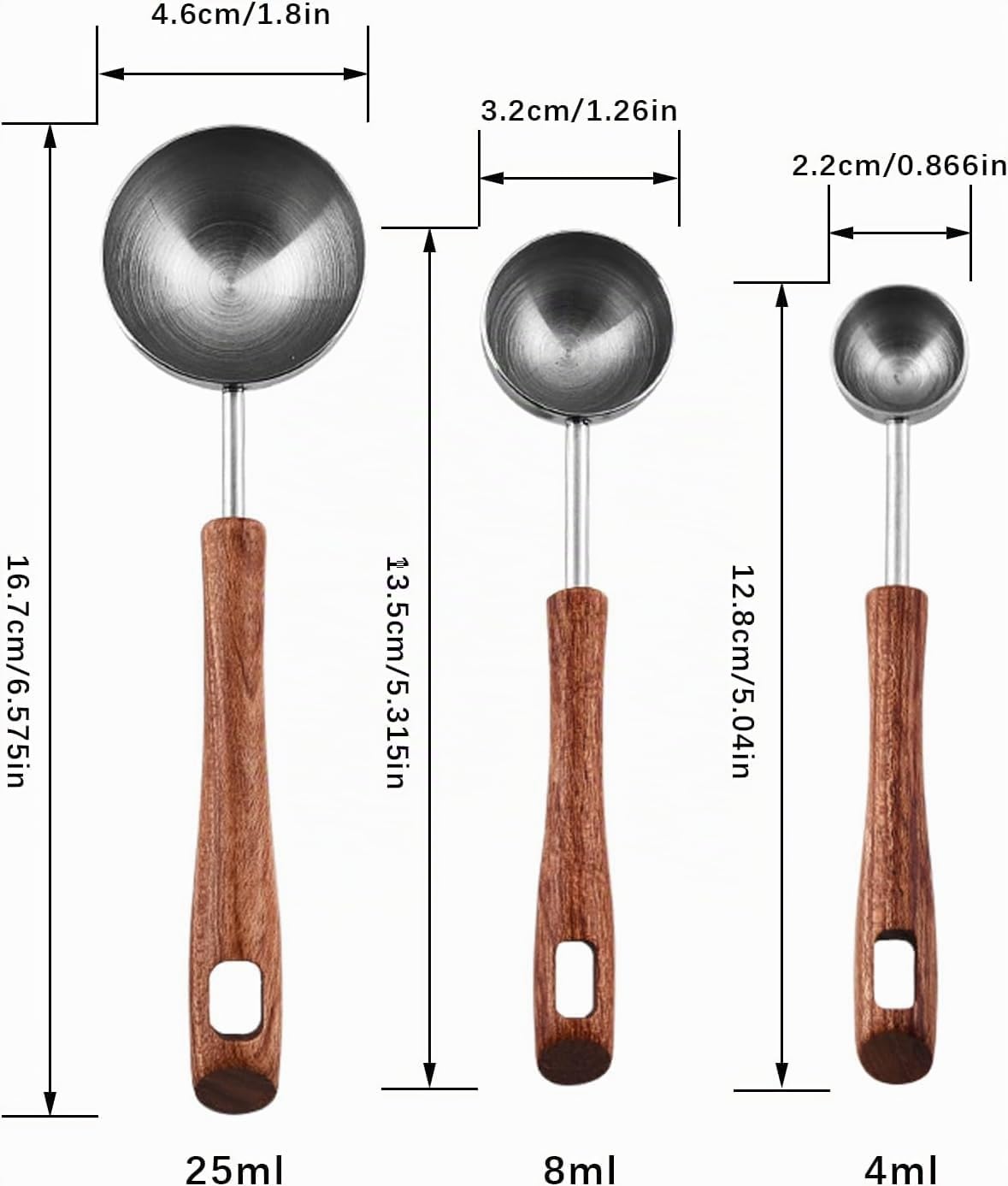 Set di 3 cucchiai dosatori da caffè, in acciaio inox, con manico in noce nera, strumento di misurazione per liquidi e solidi, per cucina (4 ml/8 ml/25 ml)