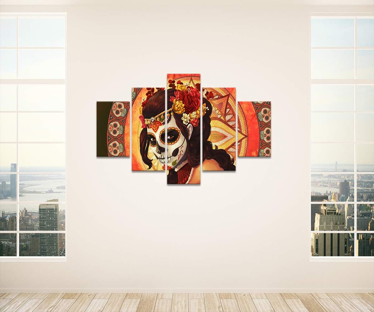 HD Printed Day of the Dead Face Group Painting on Canvas All Saints Day Halloween Pictures Extra Large Wall Art for Living Room Modern Home Decor Gallery-wrapped Art 5 Panel Set Framed(60''Wx40''H)