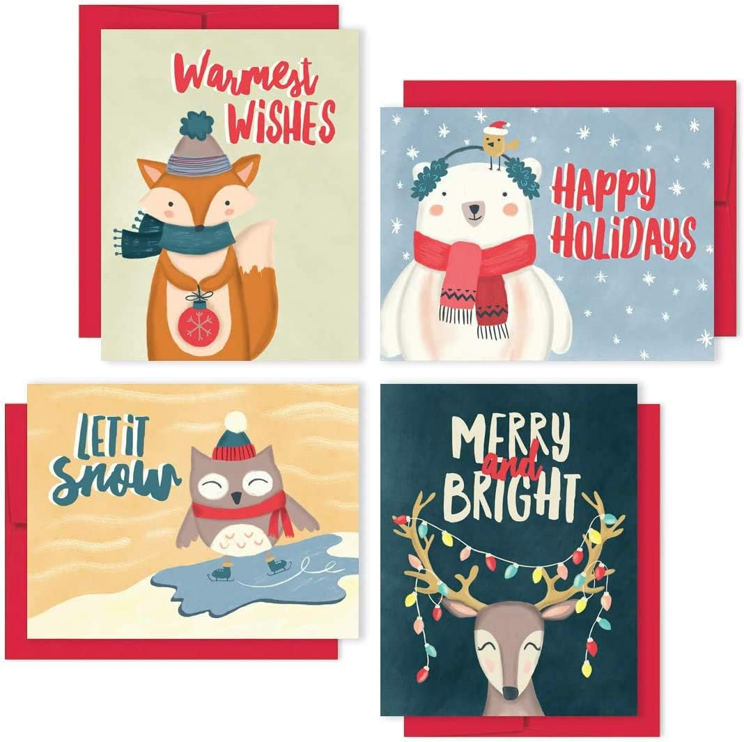 Palmer Street Press Christmas Cards Boxed Set: Woodland Animal Holiday Card Pack (Premium Christmas Card Box Set + Red Envelopes) - 4 Unique Seasonal Designs - Proudly Made in the USA (12)