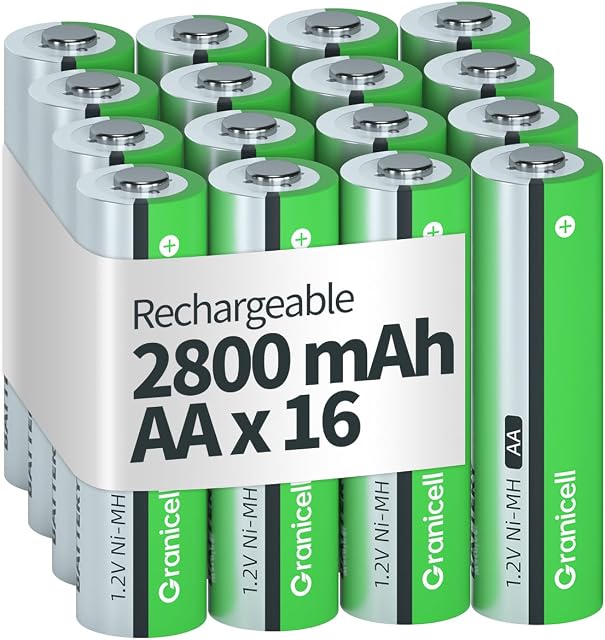 Granicell AA Batteries rechargeables 2800 mAh Haute capacité 1300 Cycle,1.2V NiMH Faible décharge AA Batterie,paquet de 16